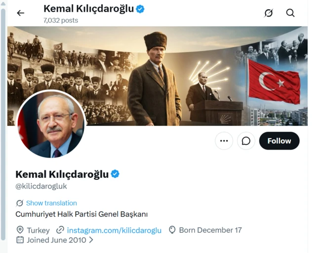 Kemal Kılıçdaroğlu'nun X hesabının ekran görüntüsü 