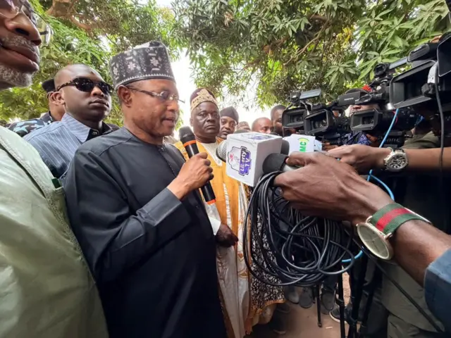 Kaduna State governor Ubah Sani addresses the press on his visit to Kurmin Wali village where over 150 people were abducted from three churches