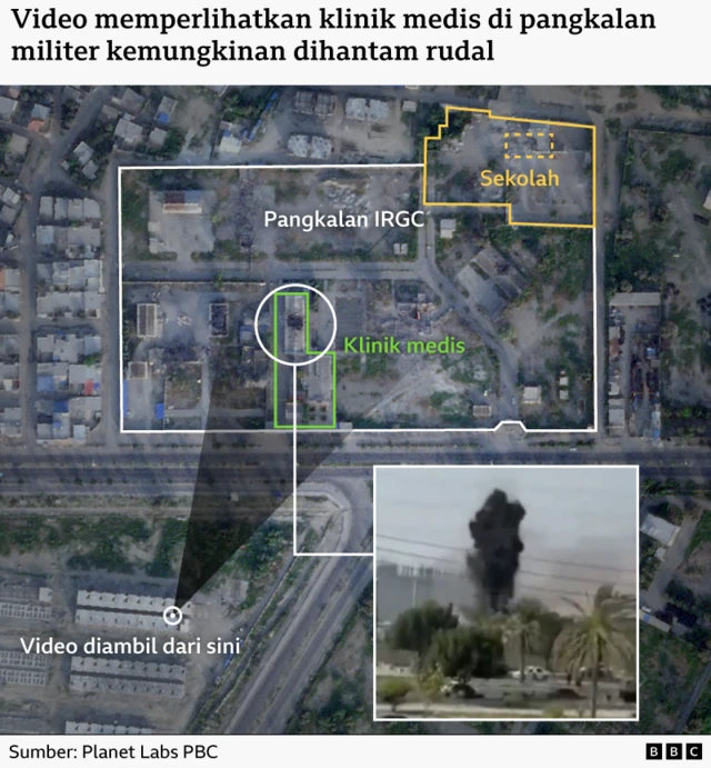 Grafis BBC Verify menggambarkan pangkalan IRGC dan sebuah sekolah di dekatnya