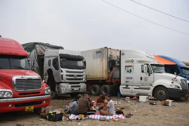 Lorries waiting to cross VN-China border