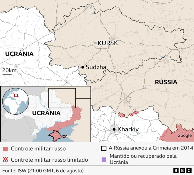 Mapa mostrando a região russa com presença ucraniana