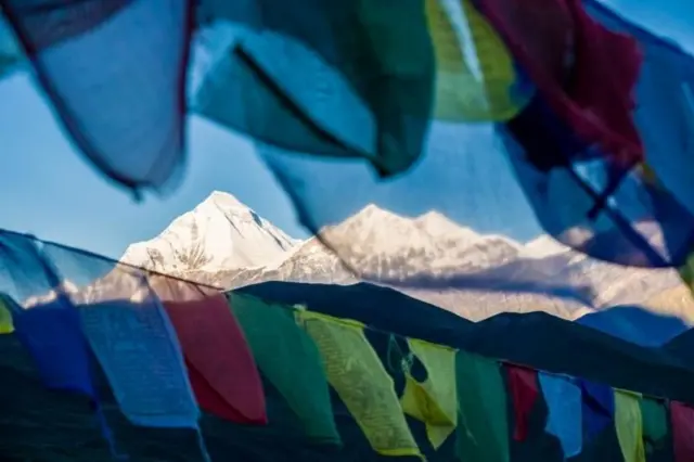 मुक्तिनाथबाट खिचिएको यो तस्बिरको पृष्ठभूमिमा धवलागिरि देखिन्छ