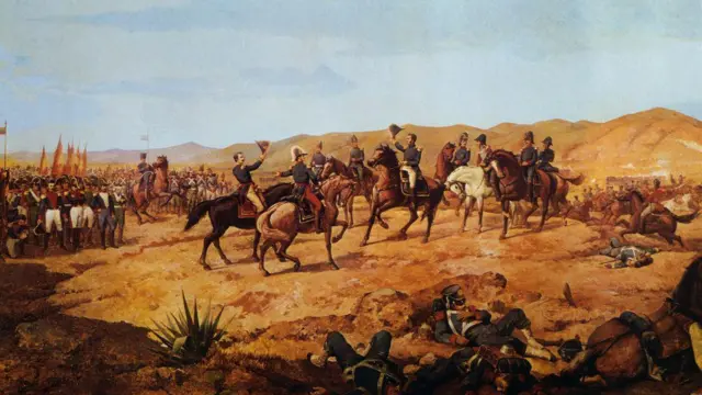 Antonio José de Sucre saludando a sus generales tras la Batalla de Ayacucho, 9 de diciembre de 1824, en Perú, pintura de Martín Tovar y Tovar. 
