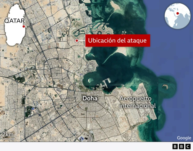 Mapa de Qatar con la ciudad de Doha destacada y el lugar del ataque del 9 de septiembre señalado