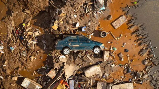 Aerial view of cars and rubble afta di Rio das Velhas overflow on 12 January 2022 for Honorio Bicalho, Brazil.