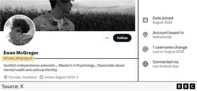 BBC的一张截图显示了(左)“Ewan McGregor”的X帐号界面,以及(右)帐户数据,其中显示“帐户位于荷兰,并透过伊朗安卓应用程式连接”。