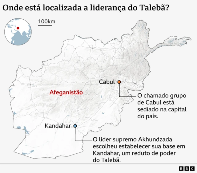 Mapa do Afeganistão mostrando as cidades de Kandahar e Cabul, e quais grupos de poder estão sediados nelas.