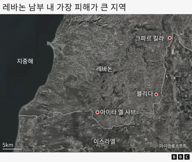 가장 큰 피해를 입은 세 지역의 위치를 표시한 지도