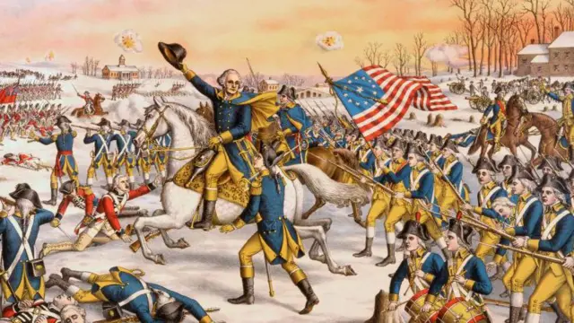 Una pintura del general George Washington en batalla