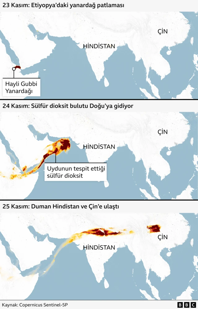 Hayli Gubbi yanardağının patlaması sonucu Hindistan'dan Çin'e doğru ilerleyen kül bulutunu gösteren bir BBC grafiği.