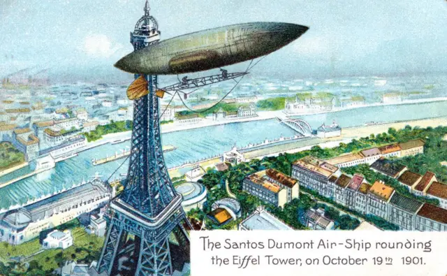 El pionero brasileño de la aviación, Alberto Santos-Dumont (1873-1932), en su dirigible n.º 6 rodeando la Torre Eiffel, París, mientras ganaba el Premio Alemán, el 19 de octubre de 1901. De una serie de postales sobre aviación publicadas c. 1910.