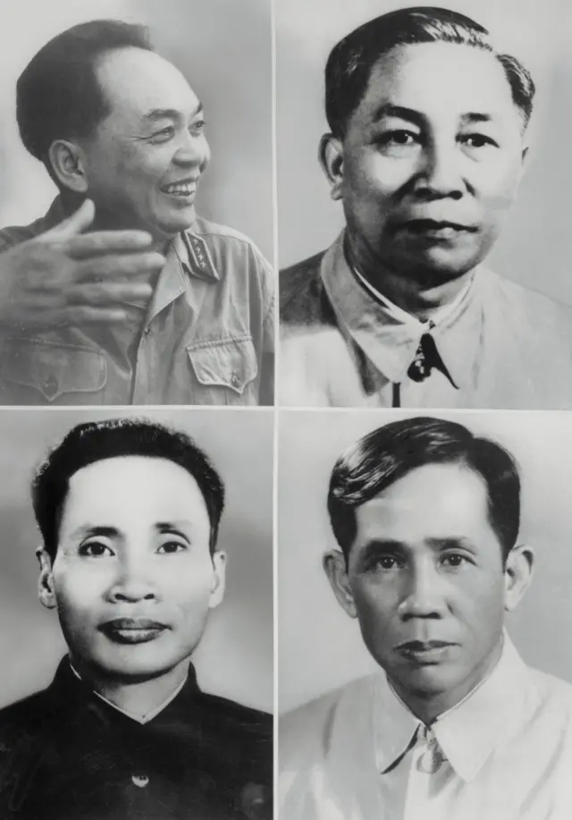 Một số lãnh đạo cấp cao của Việt Nam Dân chủ Cộng hòa thời Chiến tranh Việt Nam: (từ trái qua phải, từ trên xuống dưới) Võ Nguyên Giáp, Lê Đức Thọ, Phạm Văn Đồng, Lê Duẩn.