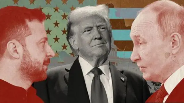 Колаж портретів Володимира Зеленського, Дональда Трампа та Володимира Путіна