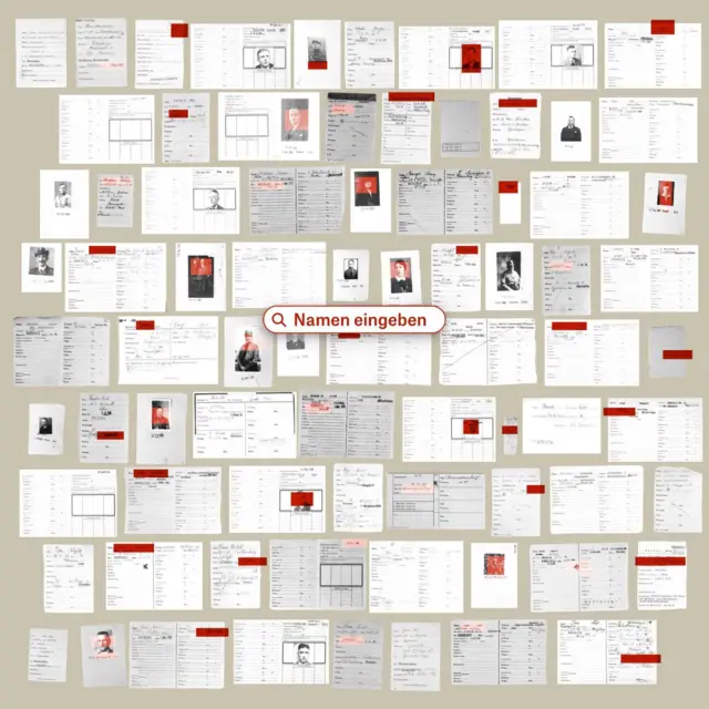Una imagen compuesta de unas 100 hojas de papel, cada una contiene el resultado de búsqueda de un miembro del Partido Nazi, de la base de datos de Die Zeit sobre la pertenencia nazi.