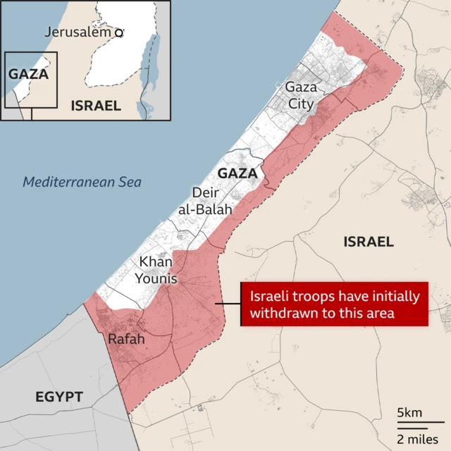 نقشه‌ای از غزه که خط زرد را نشان می‌دهد؛ نقطه‌ای که نیروهای اسرائیلی به پشت آن عقب‌نشینی کرده‌اند 