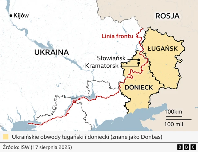 Mapa Ukrainy z zaznaczoną linią frontu i obwodem donieckim i ługańskim