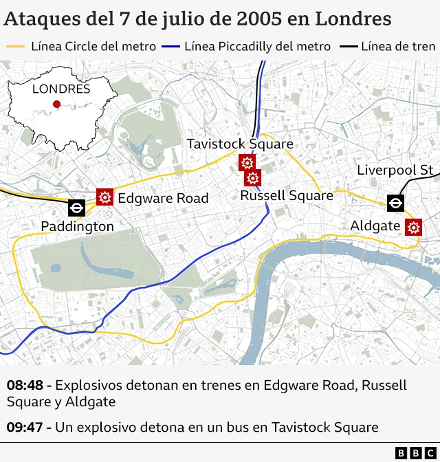 Mapa de los ataques del 7 de julio de 2005 en Londres.