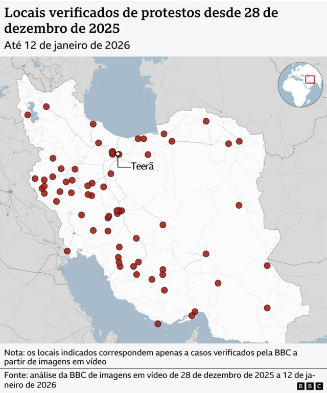 Mapa mostra os locais verificadas de protestos no Irã desde 28 de dezembro de 2025, até 11 de janeiro de 2026