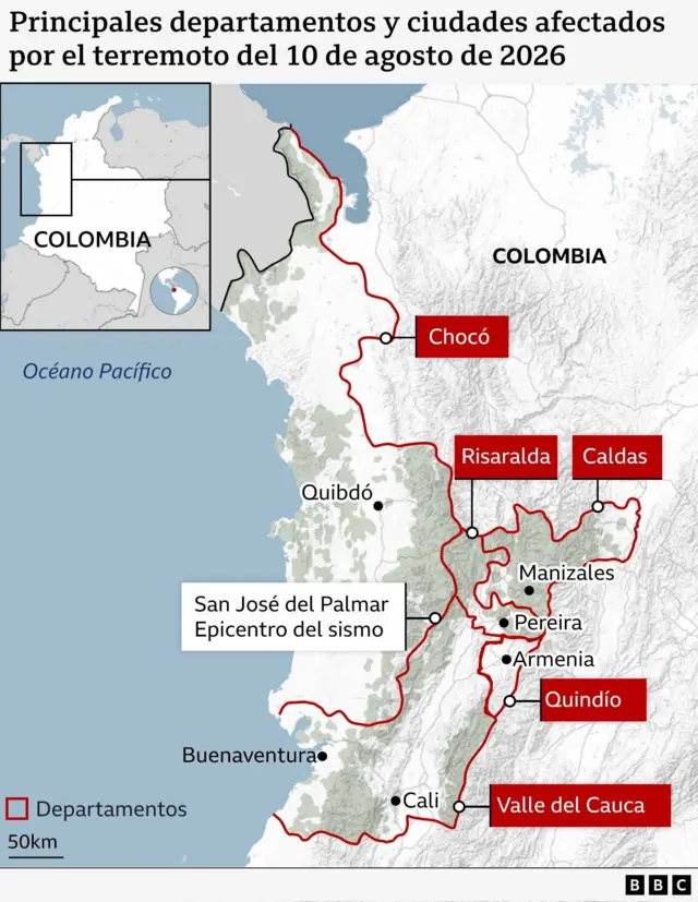Mapa que muestra las ciudades más afectadas por el terremoto del 10 de agosto en Colombia. Quibdó (Chocó), Pereira (Risaralda), Manizales (Caldas), Armenia, (Quindío), Cali (Valle del Cauca).