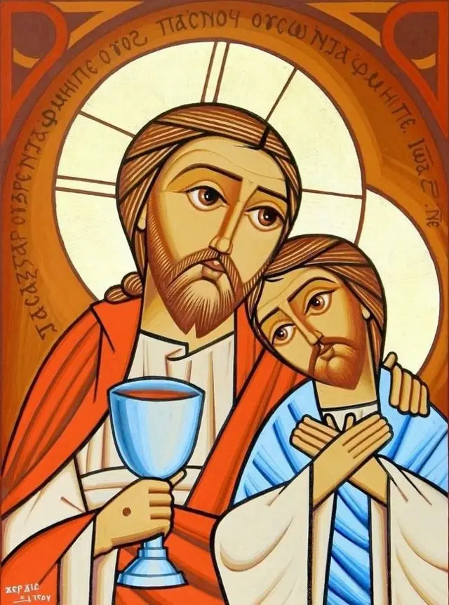 أيقونة قبطية معاصرة بالألوان تظهر السيد المسيح وإلى يساره القديس يوحنا الحبيب