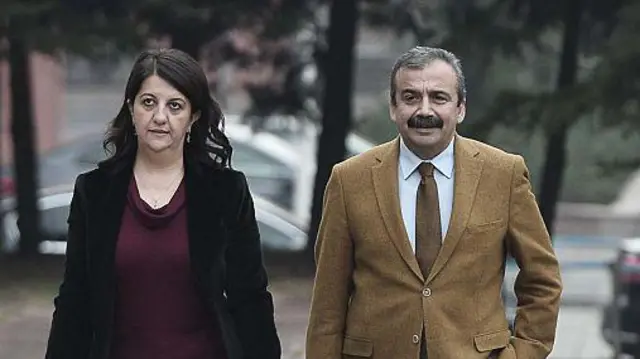 Pervin Buldan ve Sırrı Süreyya Önder ormanlık bir alanda yürüyor. Önder gülümsüyor
