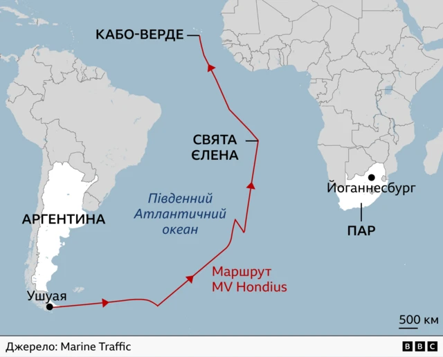 карта маршруту корабля через Атлантичний океан