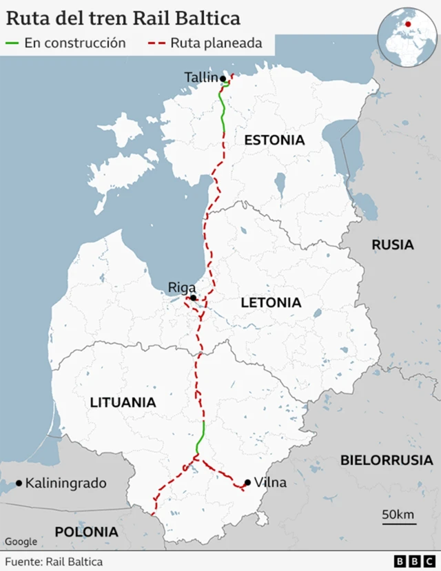 Mapa del recorrido de Rail Baltica.
