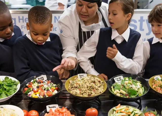 Enfants devant des plats d'aliments
