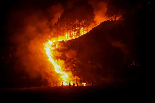 Petugas gabungan memantau kebakaran hutan di kawasan Taman Nasional Bromo Tengger Semeru (TNBTS), Kabupaten Pasuruan, Jawa Timur, Minggu (9/8/2026). Balai Besar Taman Nasional Bromo Tengger Semeru (TNBTS) mencatat luas area terdampak kebakaran di kawasan Gunung Bromo kini mencapai 520 hektare dari pendataan sebelumnya yang berada di angka 176 hektare dan masih dalam proses pendataan. 