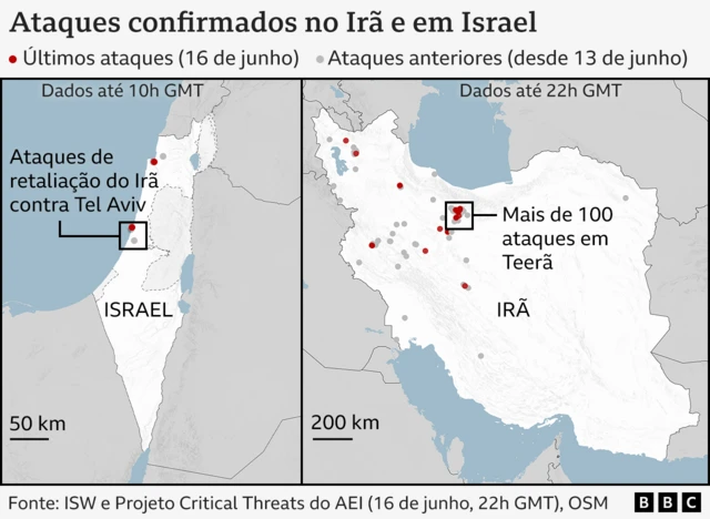 Mapa mostra ataques confirmados no Irã e em Israel