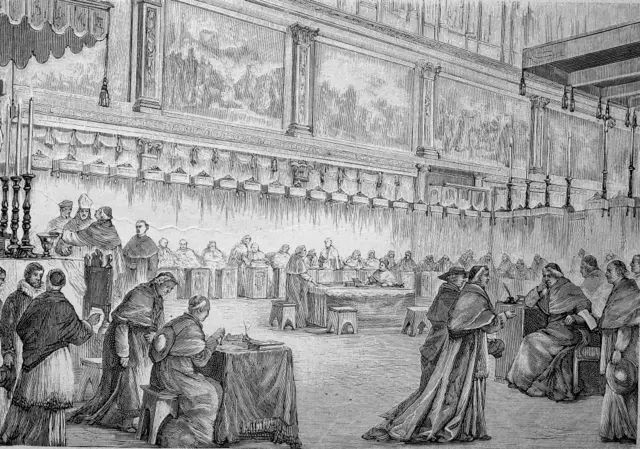 A votação dos cardeais na Capela Sistina durante um conclave. Reprodução de uma xilogravura de 1881