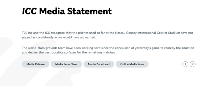 ඇමෙරිකාවේ නාසාව් කවුන්ටි ක්‍රීඩාංගණයේ තණ තීරු සම්බන්ධයෙන් පසුගිය ජුනි මස 06 වෙනිදා අන්තර්ජාතික ක්‍රිකට් කවුන්සිලය නිවේදනයක් නිකුත් කරන ලදී.