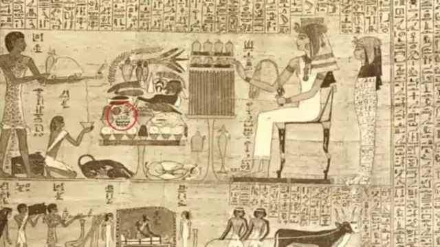 Rangkaian gambar pada helai papirus Kamara, yang mendokumentasikan kejadian-kejadian pada 3.000 tahun lalu, memperlihatkan konsumsi semangka (bulatan merah) di Mesir Kuno. 