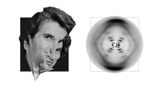 Black and white X-ray diffraction image of DNA known as Photo 51 alongside a portrait of Rosalind Franklin