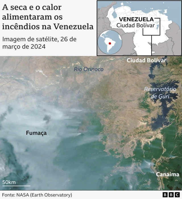 Imagem de satélite mostra uma enorme nuvem de fumaça de incêndios florestais na Venezuela em março de 2024