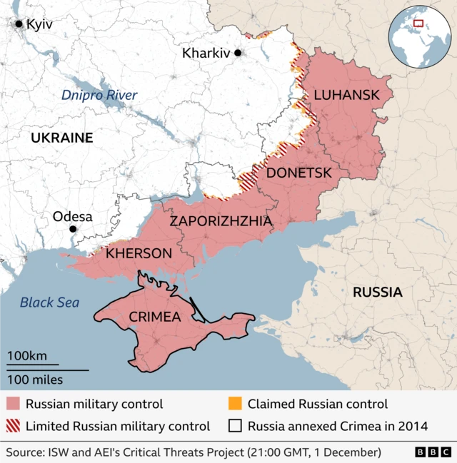 Map of Ukraine dey show areas wey Russian soldiers dey control in red color, areas wey dem dey control in red stripes, and areas wey dem claim say dem dey control in yellow color as of December 1st. Luhansk, Donetsk, Zaporizhzhia, Kherson regions dey show, wit almost all of Luhansk dey in red and plenty parts of di oda three provinces dey under Russian control. Crimea wey Russia take ova since 2014 dey marked as Russian control area too. Big cities like Kyiv, Kharkiv, and Odesa dey marked. Source: ISW