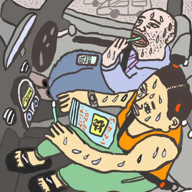 Ilustracija: Monik sa prijateljem u kolima čeka na test