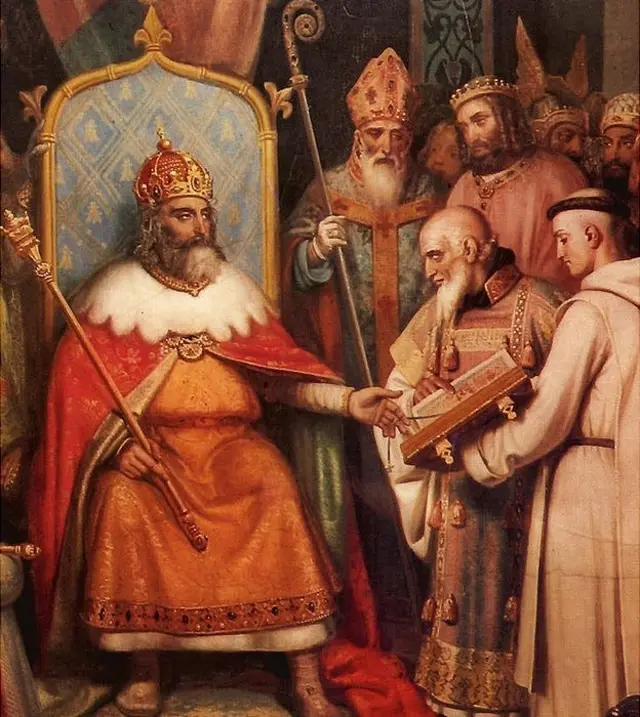 Alcuino mostra um livro a Carlos Magno