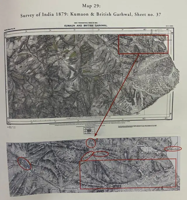 नेपाल इन्डिया बोर्डर डिस्प्युट महाकाली एन्ड सुस्ता नामक मन्डला बुक्सले प्रकाशन गरेको किताबमा सङ्ग्रहित सर्भे अफ इन्डियाको नक्सा जसलाई भारतले आधिकारीक मान्ने गरेको पाइन्छ