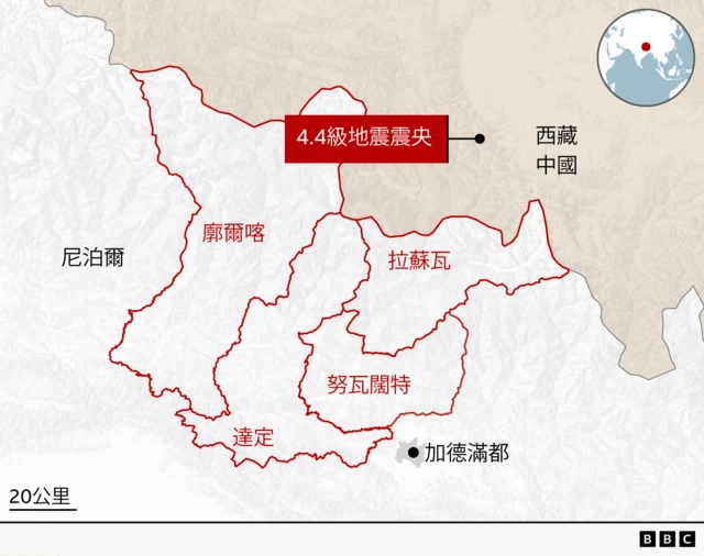 地圖：中國西藏與尼泊爾2026年8月26日大型泥石流受災範圍