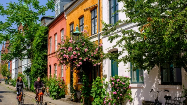 یک خیابان کوچک و خلوت با گیاهان و دیوارهای ساختمانهای دو طبقه رنگی، دو دوچرخهسوار در حال عبور