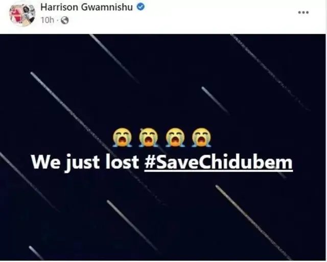 Aworan yii ni Ọgbẹni Harrison Gwamnishu fi kede iku Chidubem ni alẹ Ẹti