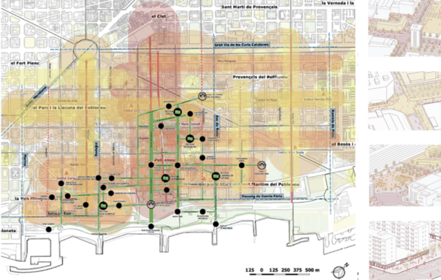 Ilustración de franjas urbanas del estudio de proximidad de barrio y centralidades escolares. Poblenou- 22@