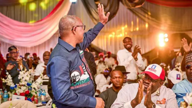 Peter Obi waving to di crowd during NDC event.
