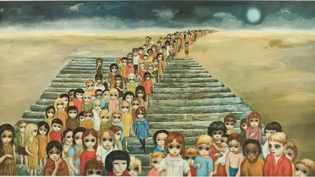 Fila de niños con ojos grandes y tristes que viene desde el horizonte hasta unas escaleras y el frente del cuadro