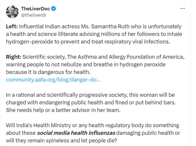 சமந்தா சொல்வதுபோல் ஹைட்ரஜன் பெராக்ஸைட் சுவாசித்தால் நோய்த்தொற்று குறையுமா? கொந்தளிக்கும் மருத்துவர்கள்