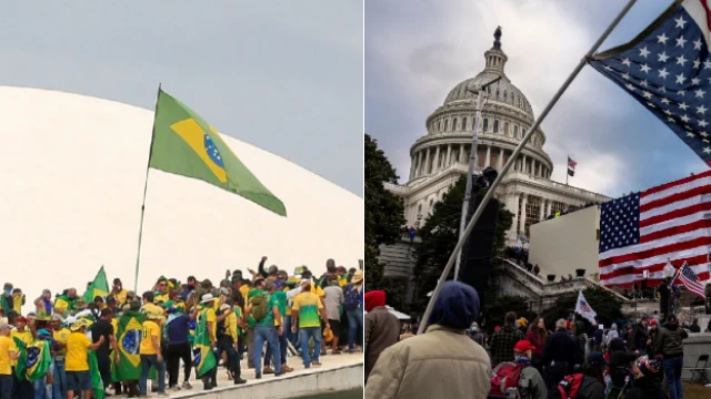 Montagem com fotos da invasão à sede dos Três Poderes em Brasília e a invasão do Capitólio nos EUA