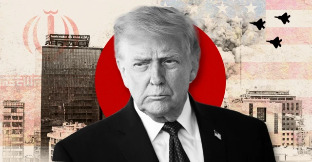 Colagem com Donald Trump e Teerã ao fundo