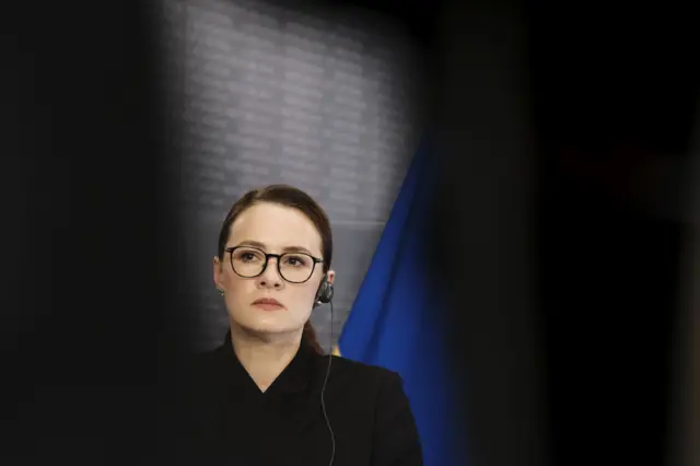 Premier Ukrainy Julia Svyrydenko podczas konferencji prasowej po spotkaniu z premierem Łotwy Andrisem Kulbergsem w Rydze. 1 czerwca 2026 r. 