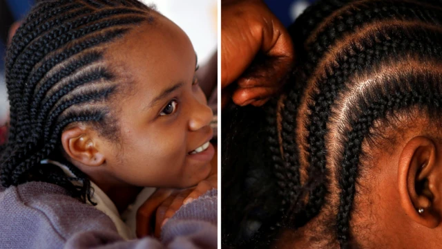 grid of two beautiful black girls in simple cornrows 